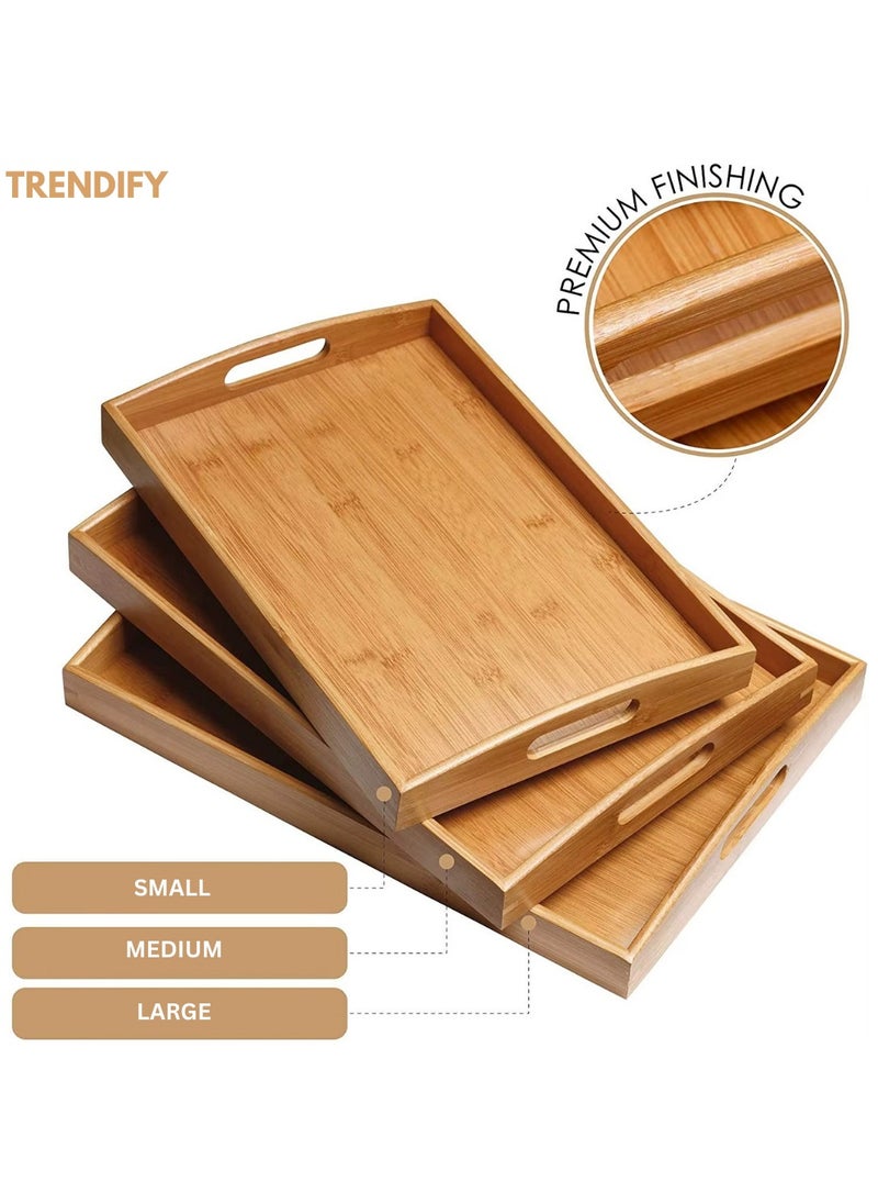 Trendify - Stackable Bamboo Serving Tray with Handles, Set of 3 Sizes - Decorative Nesting Wooden Trays for Serving Food, Coffee, Breakfast in Bed, Durable Eco-Friendly Design - Image 1