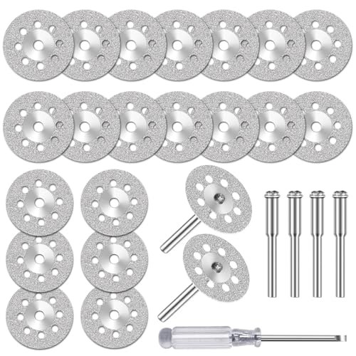 FOTYBEI 20 pcs 545 Diamond Cutting Wheel Cut Off Discs Coated (22mm) for Dremel Rotary Tool with 402 Mandrel (3mm) 4pcs and Screwdriver for Rotary Tool Accessories - Image 1