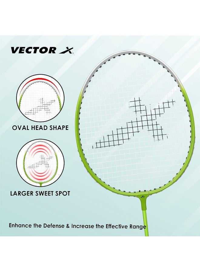 Vector X VXB 140 Aluminum Badminton T Joint Racket Set – 3 Pack With Nylon Shuttles With Full Cover - Green - Image 2