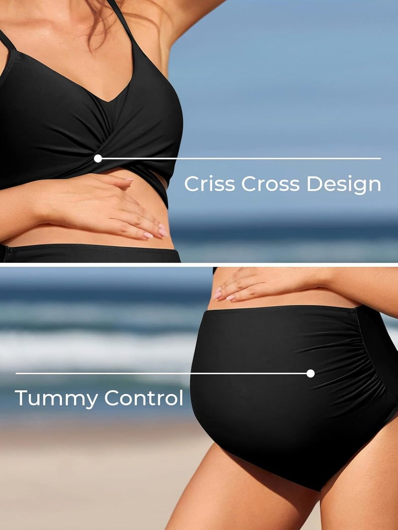 Summer Mae Maternity Criss Cross Bikini Swimsuits High Waist String Floral Bathing Suit Two Piece Pregnancy Swimwear - Image 4