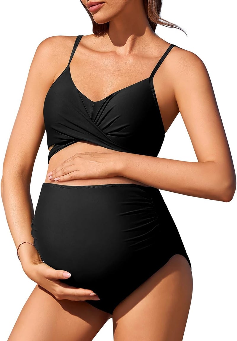 Summer Mae Maternity Criss Cross Bikini Swimsuits High Waist String Floral Bathing Suit Two Piece Pregnancy Swimwear - Image 1