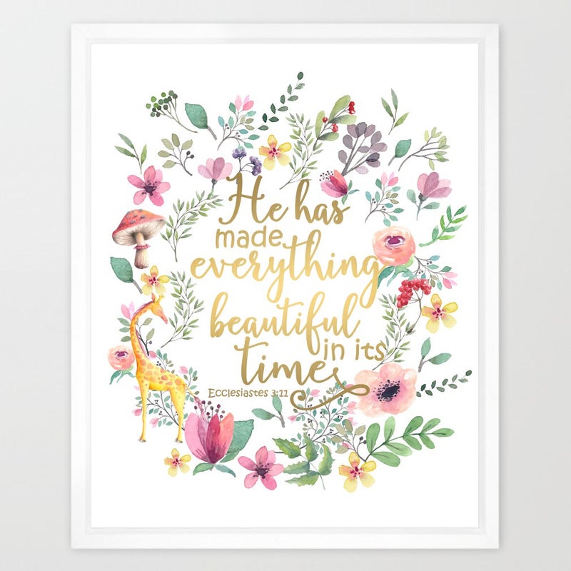 Eleville 8X10 He has Made Everything Beautiful in its time Real Gold Foil and Floral Watercolor Art Print Unframed Bible Verse Print Nursery Art Home Decor Motivational Birthday WG088