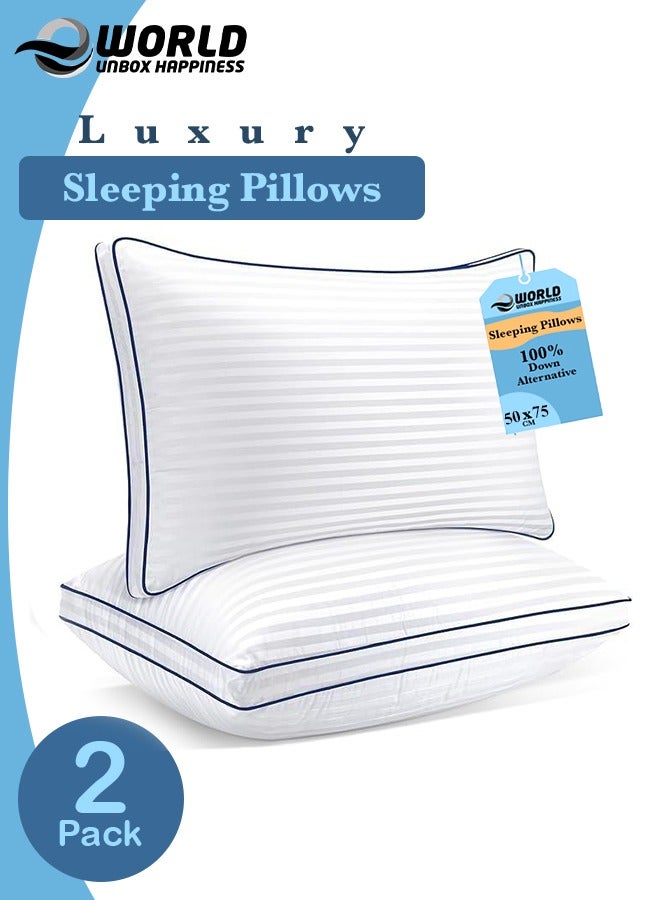 Set of 2 Premium Down Alternative Filled Bed Pillows in White Stripes with Breathable Cover, Double Piping, and Plush Bounce-Back Design