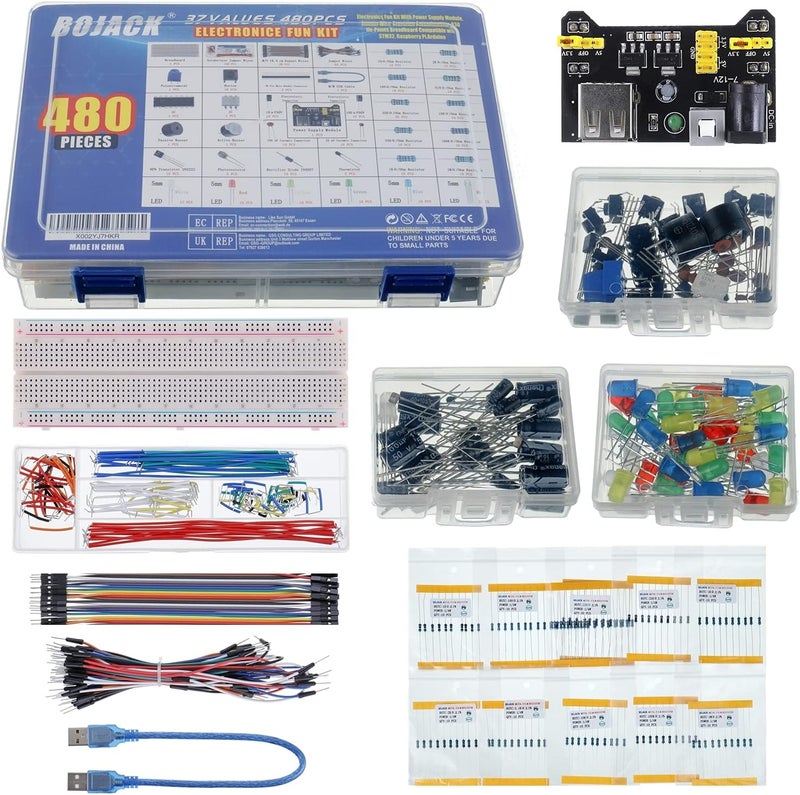 BOJACK 37 Values 480 Pcs Electronics Component Fun Kit with Power Supply Module, Jumper Wire,Precision Potentiometer,830 tie-Points Breadboard Compatible with STM32,Raspberry Pi,Arduino - Image 2