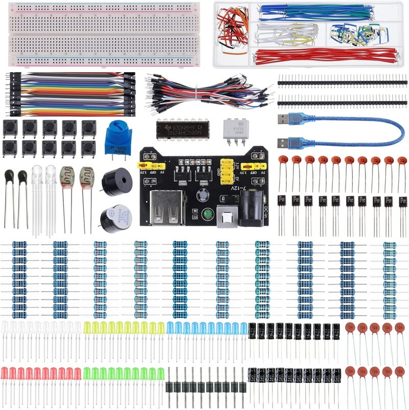 BOJACK 37 Values 480 Pcs Electronics Component Fun Kit with Power Supply Module, Jumper Wire,Precision Potentiometer,830 tie-Points Breadboard Compatible with STM32,Raspberry Pi,Arduino - Image 1
