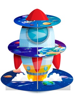 FRUITFUL PARTY Space Cupcake Stand, 3 Tiers Space Theme Cupcake Stand, Space Cupcake Holder & Space Theme Dessert Tower, for Boys/Girls Space Themed Party Decorations & Outer Space Birthday Decorations  - Image 1