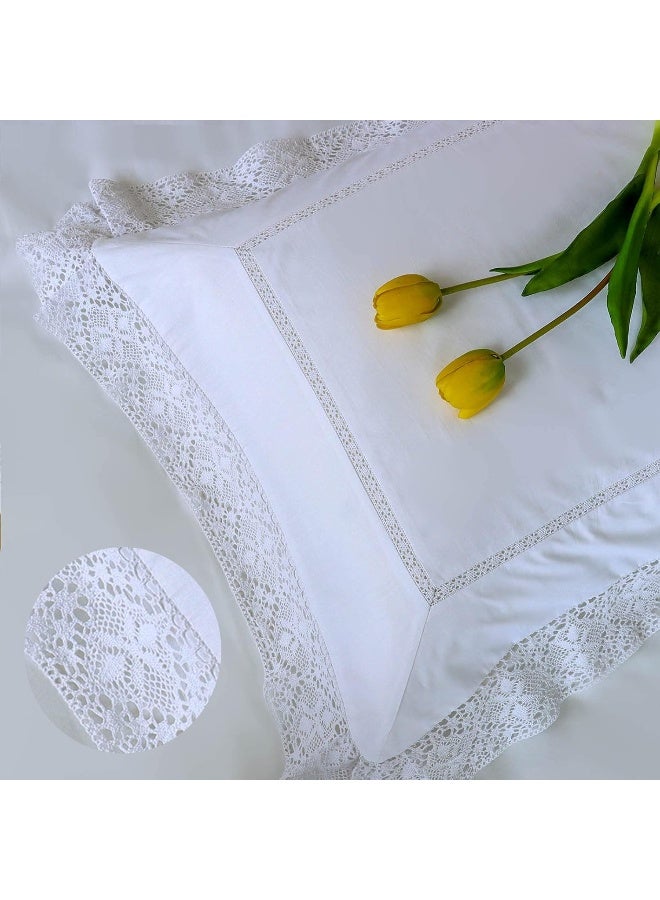 RANZNAZ Set of 2 Lace Embroidery Pillow Cases, 100% Cotton Queen Size, White Good Feeling Pillow Covers with Envelope Closure, Softer and Breathable Pillow Shams, 20x30 inches  - Image 1