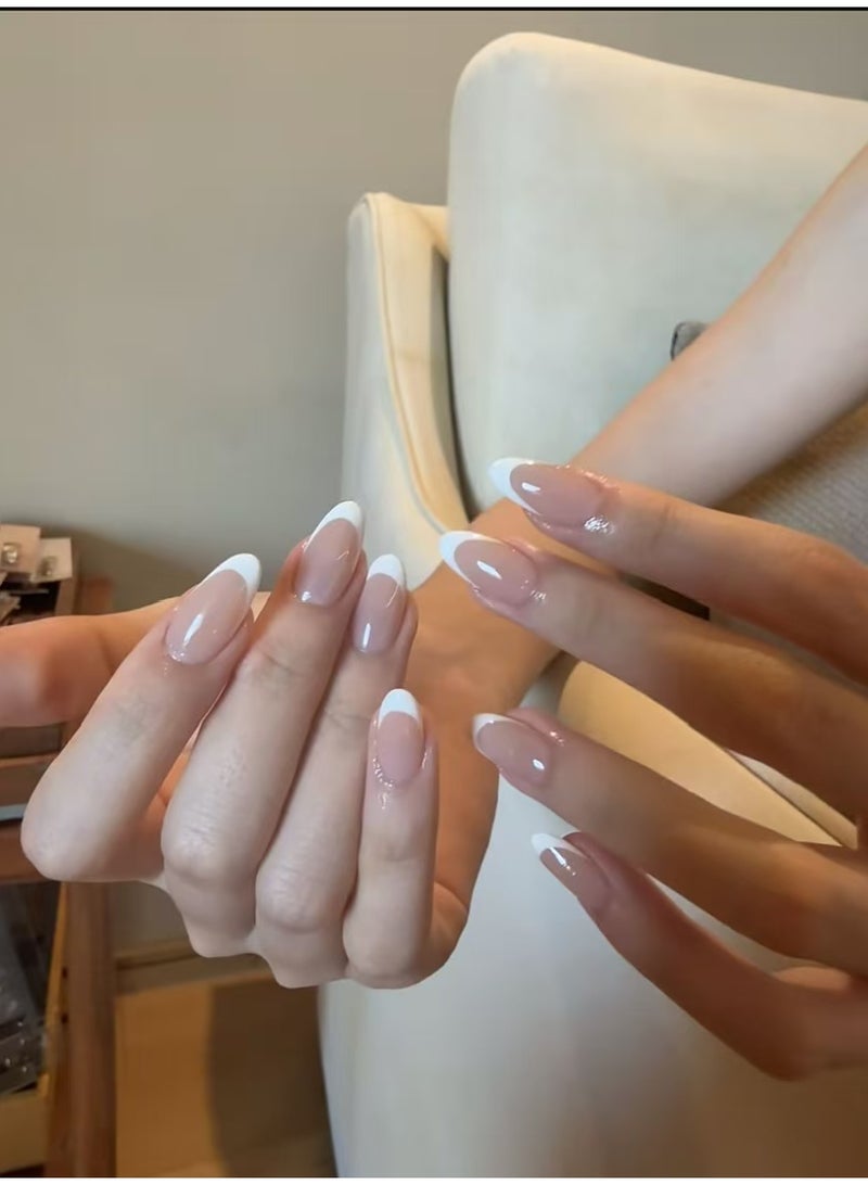 JOSQUEWNN Press On Nails 30pcs, French-Style Short Almond-Shaped Nail Tips With a Pink Gradient Design, Suitable For Beginners; Can Be Reused.Fake Acrylic Nails With Glue Kit. - Image 3