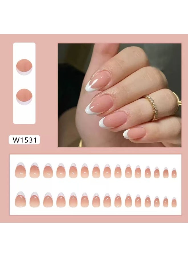JOSQUEWNN Press On Nails 30pcs, French-Style Short Almond-Shaped Nail Tips With a Pink Gradient Design, Suitable For Beginners; Can Be Reused.Fake Acrylic Nails With Glue Kit. - Image 5