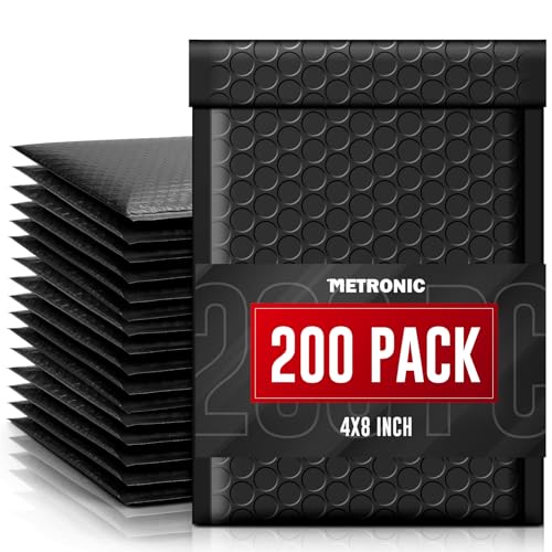 METRONIC Bubble Mailers 4x8 Inch 200 Pack Padded Envelopes Usable Size 4x7 Waterproof Black Padded Mailer Self Seal Adhesive Bubble Envelopes for Shipping Jewelry Makeup Small Business - Image 1