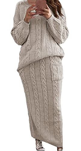 CHARTOU Women's Winter Chunky Cable Knit Long Skirt 2 Piece Outfit Sweater Sets (Medium, Apricot) - Image 1