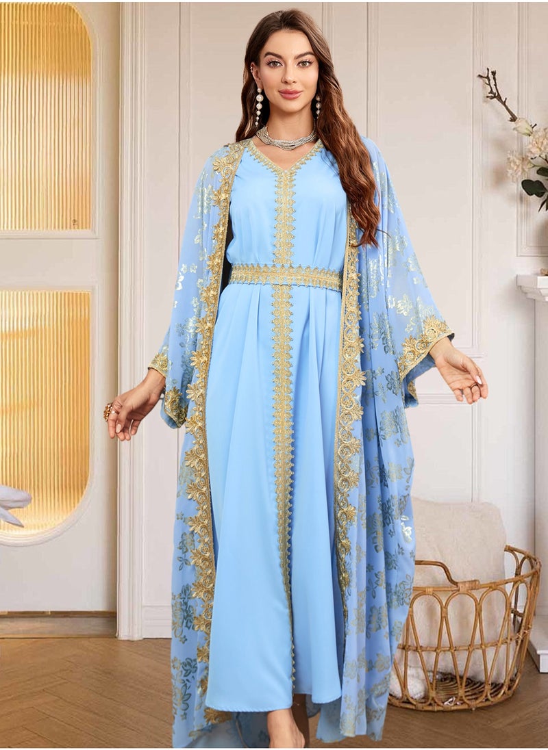 مدام يونيك المرأة الطباعة العرقية أبايا إمرأة مسلمة ثوب اثنان قطعة أسلوب الخامس عنق ثوب حارّ نوع ذهب  - Image 1