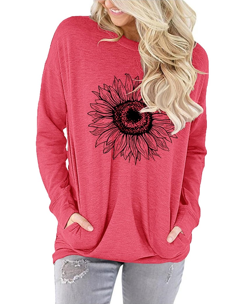 onlypuff Sunflower Shirt for Women Long Sleeve Graphic Pocket Shirts Crew Neck Sweatshirts Tunic Top XXL - Image 2