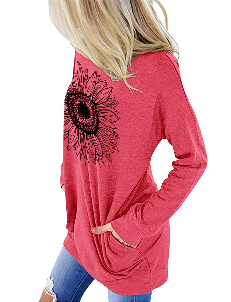 onlypuff Sunflower Shirt for Women Long Sleeve Graphic Pocket Shirts Crew Neck Sweatshirts Tunic Top XXL - Image 3