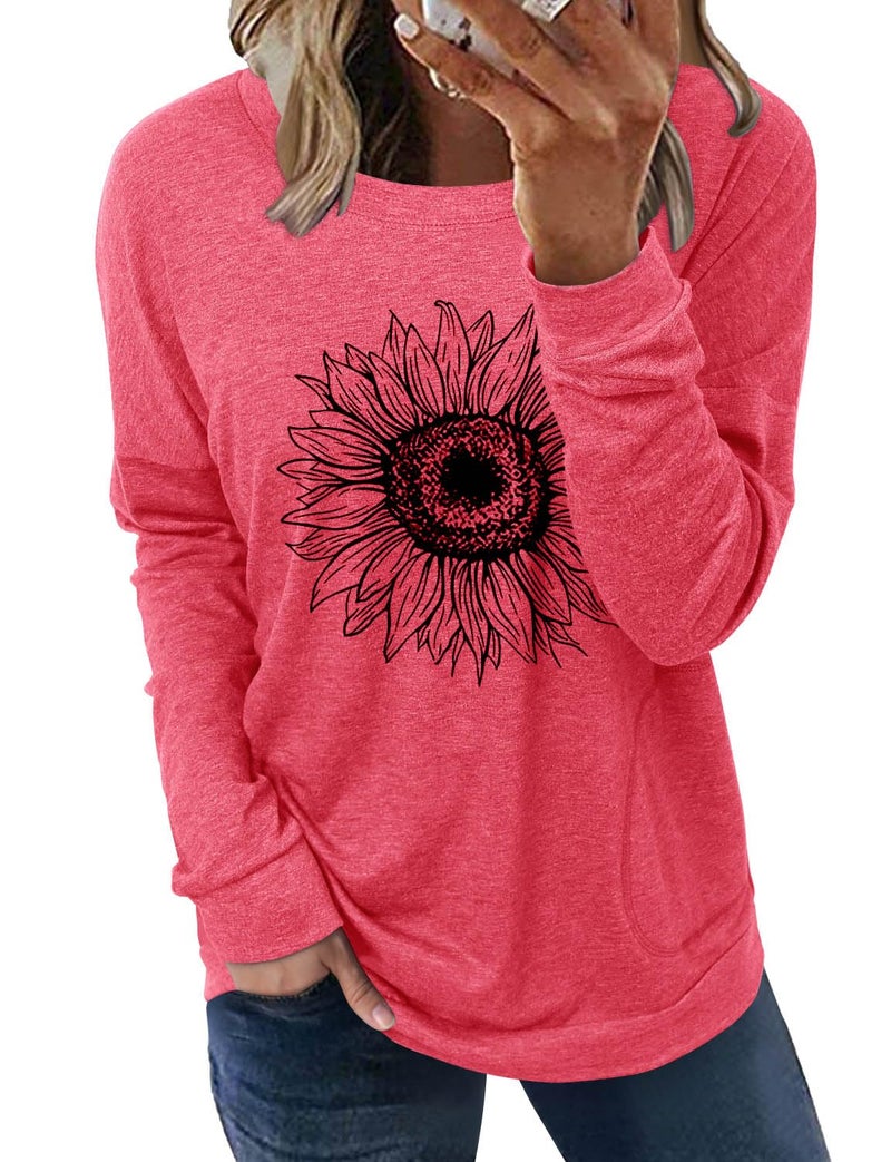 onlypuff Sunflower Shirt for Women Long Sleeve Graphic Pocket Shirts Crew Neck Sweatshirts Tunic Top XXL - Image 1