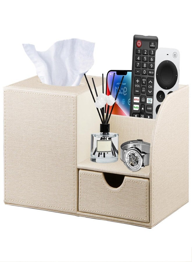 PUSU Nightstand Organizer with Tissue Holder,PU Leather Square Tissue Box Cover,Modern Facial Paper Organizer Storage Box for Remote Control,Bathroom,Vanity Countertop,End Table Home Office.Beige - Image 1