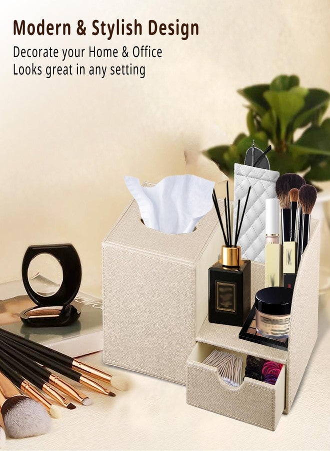 PUSU Nightstand Organizer with Tissue Holder,PU Leather Square Tissue Box Cover,Modern Facial Paper Organizer Storage Box for Remote Control,Bathroom,Vanity Countertop,End Table Home Office.Beige - Image 2