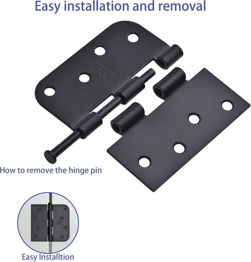 SORGMACH Door Hinge 4 Inch Interior Door Hinges Matte Black 4 Inch Interior Hinges Flat Iron Hinge 4"x 4" Door Hardware 5/8" Radius - 12 Pieces - Image 2
