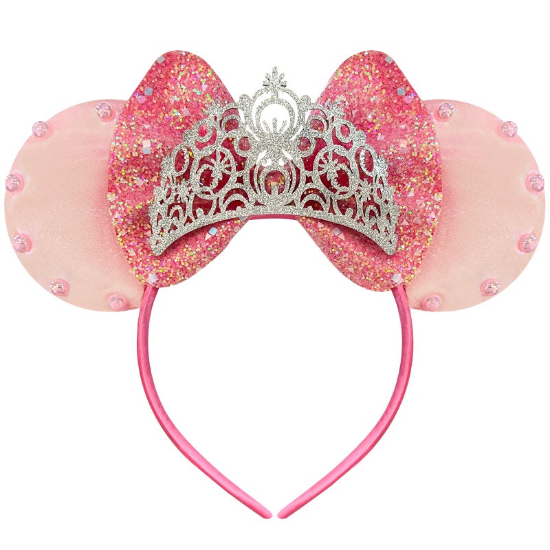 Bolonar Mouse Ears Headband for Women Adult, Pink Princess Hairband with Beads Sequin Ears
