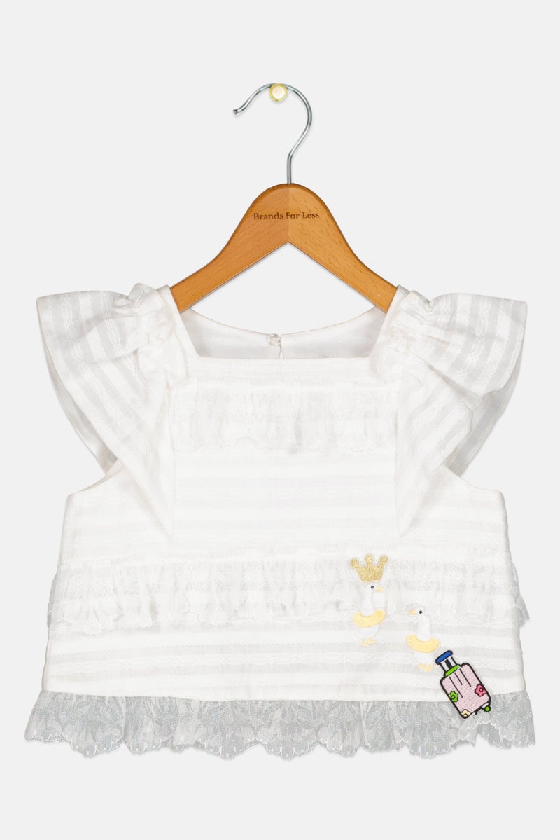 Choupette Toddlers Girl Square Neck Ruffle Sleeve Embroidered Top, White - Image 1