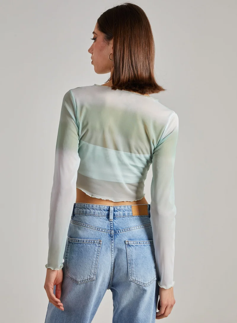 بينك فانيلا Ombre Exposed Long Sleeve Mesh Crop Top