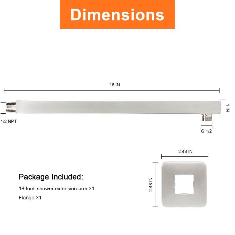 HarJue Shower Arm, Rain Shower Head Extension Extender, With Flange and Teflon Tape, Made of Thicken Stainless Steel for Bathroom Rainfall Shower (16 Inch, Brushed Nickel) - Image 2
