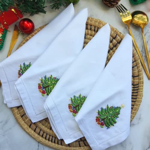 HCRAFT Embroidered Cotton Table Napkin, Cloth Napkins Set of 4 18"x18" Christmas Tree Napkin Square Fabric, Dining Room, Napkins Cloth Machine Washable, Christmas Napkins, Great Present Ideas - Image 5