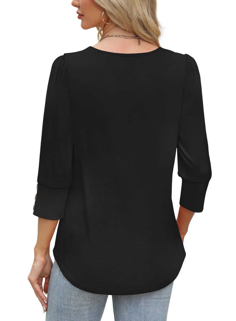 OFEEFAN Blouses for Women Dressy Casual Women's Clothing Plus Size Spring Tops Trendy 3/4 Sleeve with Buttons Cute Plain Summer Outfits 2026 Black 4XL - Image 5