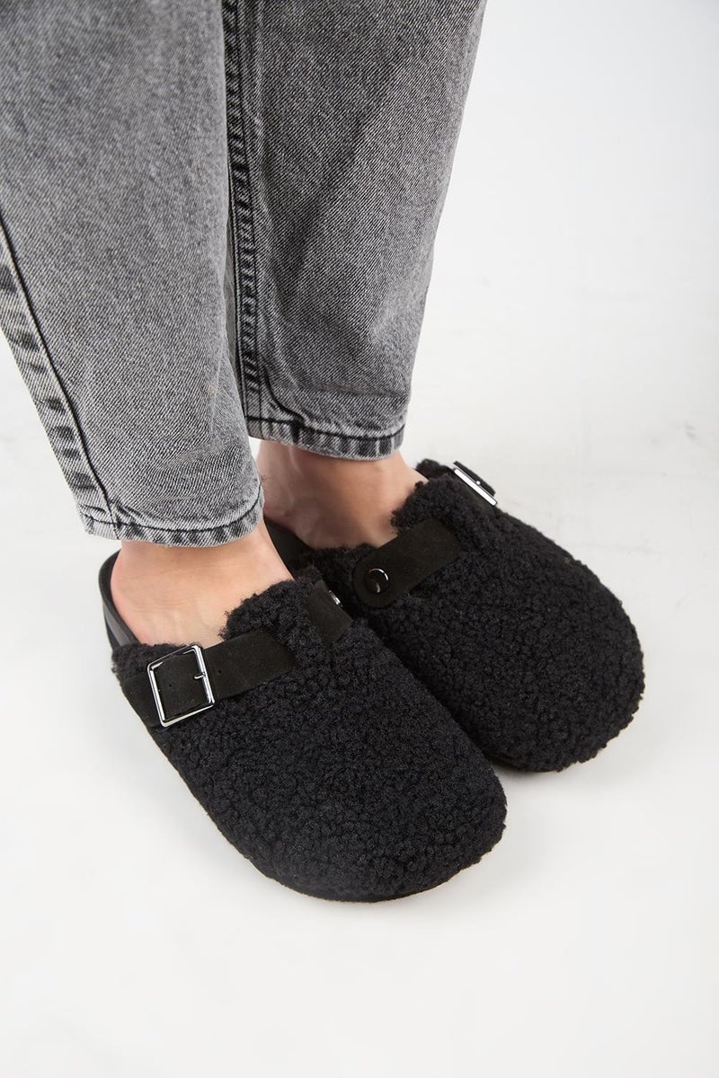 Manijero Juno Women's Belted Tedy Platform Black Slippers  - Image 2