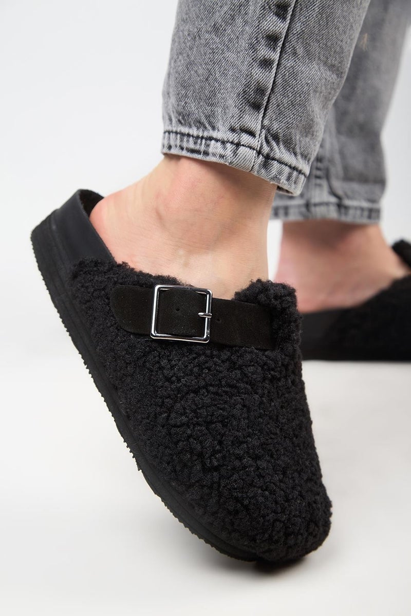 Manijero Juno Women's Belted Tedy Platform Black Slippers  - Image 4