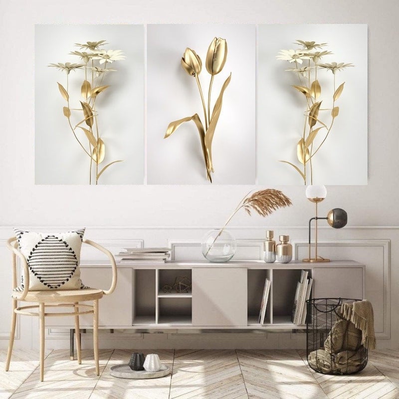 Marktna Three modern canvas paintings with a golden rose design and a hollow frame, measuring (90×40), three pieces - Image 1