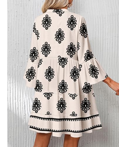 SELINK Womens Long Sleeve Dresses Casual V Neck Tribal Print Button Flowy Boho Mini Beach Dress Off White Figure-M - Image 2