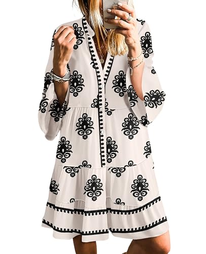 SELINK Womens Long Sleeve Dresses Casual V Neck Tribal Print Button Flowy Boho Mini Beach Dress Off White Figure-M - Image 5