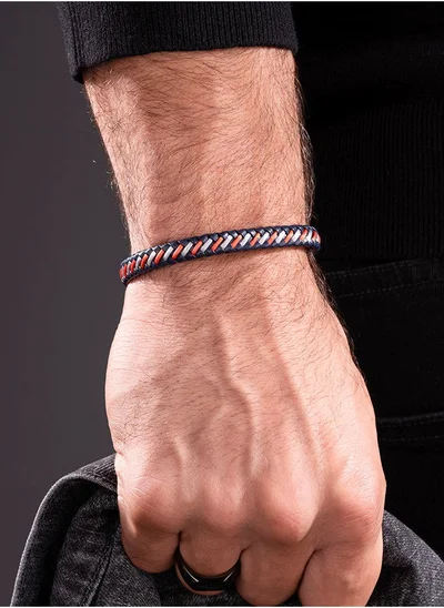 POLICE Twist Navy and Red Woven Leather With Stainless Steel Motif Gents BraceletPEAGB0034003