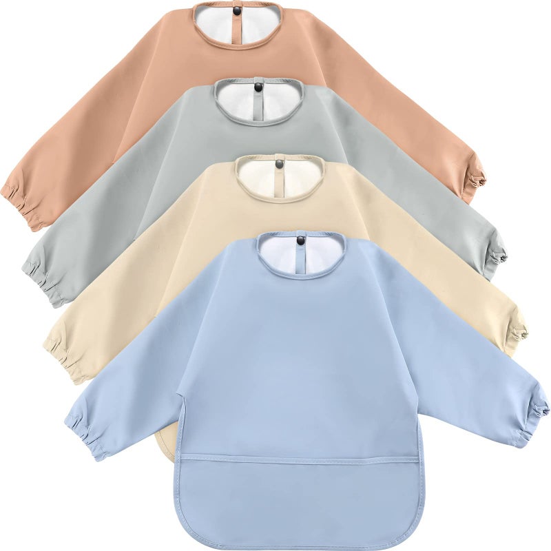 JaGely 4 Pack Long Sleeve Bibs Baby Smock Waterproof Sleeved Bids with Food Catcher for Baby Eating Feeding Ages 6-36 Months(Soft Color) - Image 1