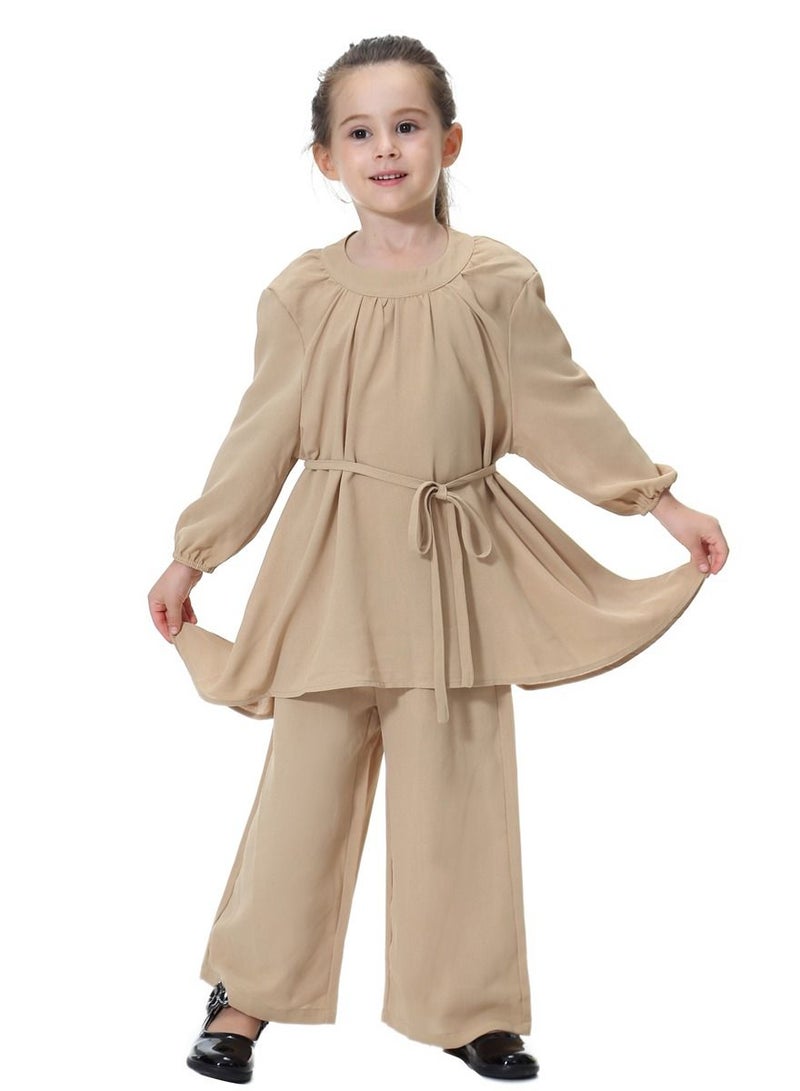إسكدنيا Girl's Traditional Solid Color 2-Piece Set Long Sleeve Tops And Loose Pants Suit Khaki  - Image 1