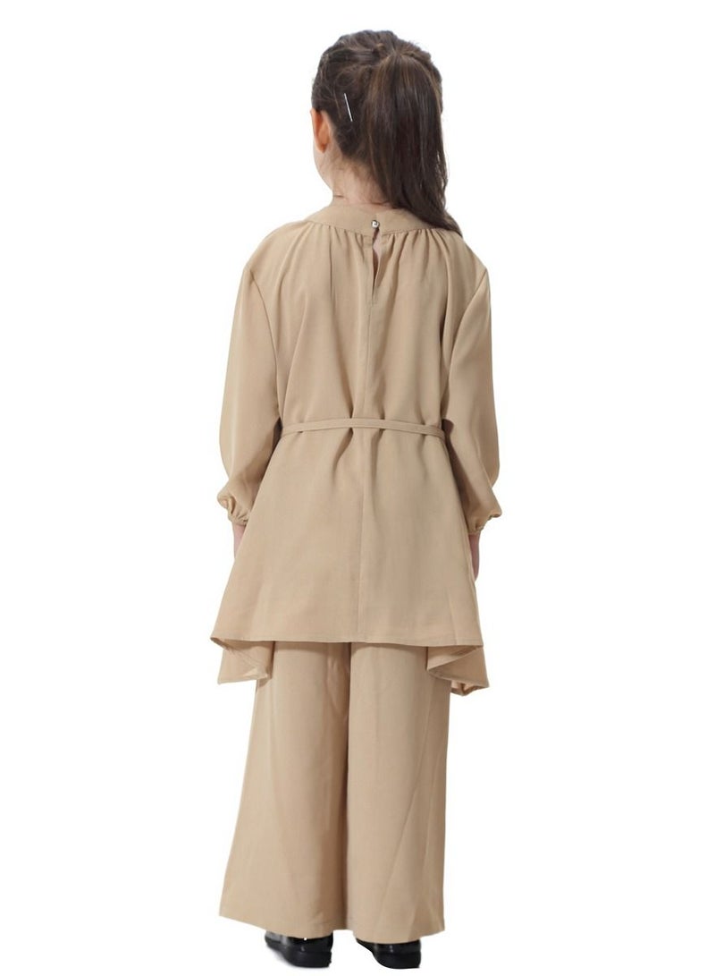 إسكدنيا Girl's Traditional Solid Color 2-Piece Set Long Sleeve Tops And Loose Pants Suit Khaki  - Image 2