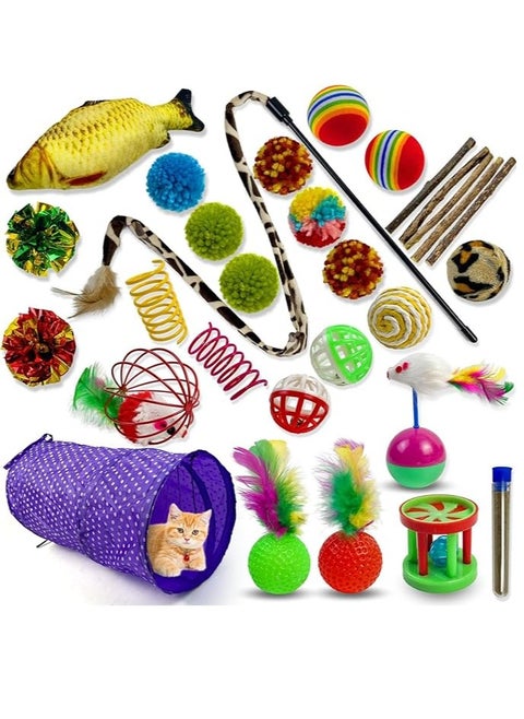 30pcs Cat Toys Interactive Indoor Cat Accessories: Multipurpose Teaser Wand with Feathers, Cat Tunnel and Tent, Biting Kitten Toys, Cat Toy Fish