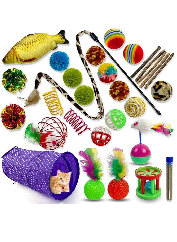 SKY-TOUCH - 30pcs Cat Toys Interactive Indoor Cat Accessories: Multipurpose Teaser Wand with Feathers, Cat Tunnel and Tent, Biting Kitten Toys, Cat Toy Fish - Image 1