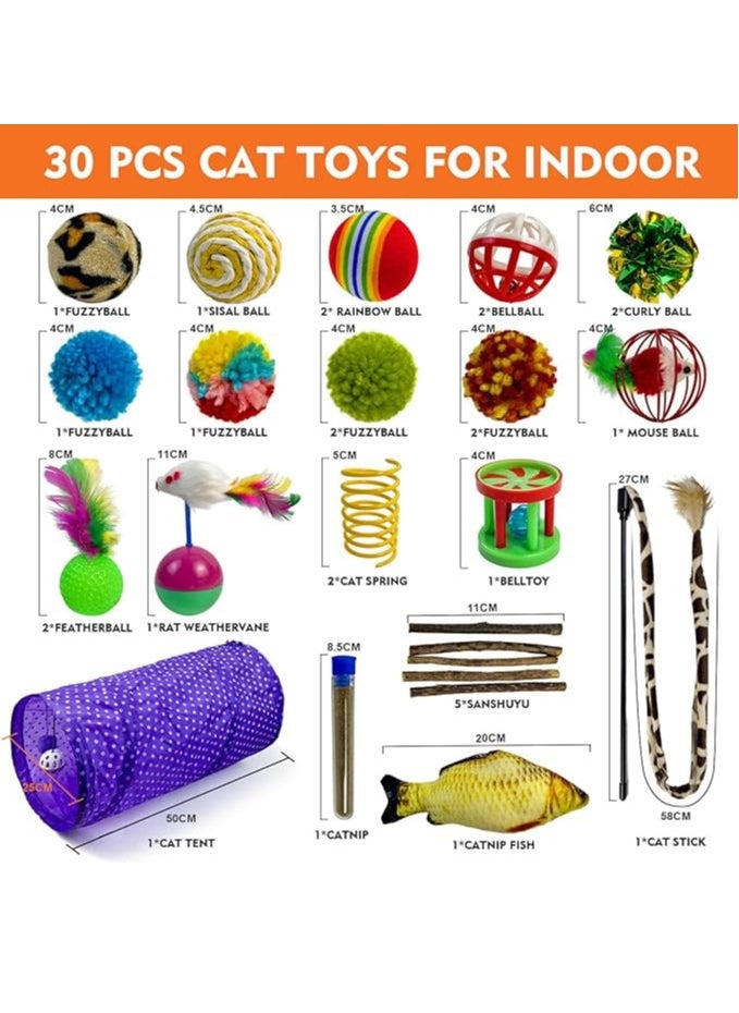 SKY-TOUCH - 30pcs Cat Toys Interactive Indoor Cat Accessories: Multipurpose Teaser Wand with Feathers, Cat Tunnel and Tent, Biting Kitten Toys, Cat Toy Fish - Image 1
