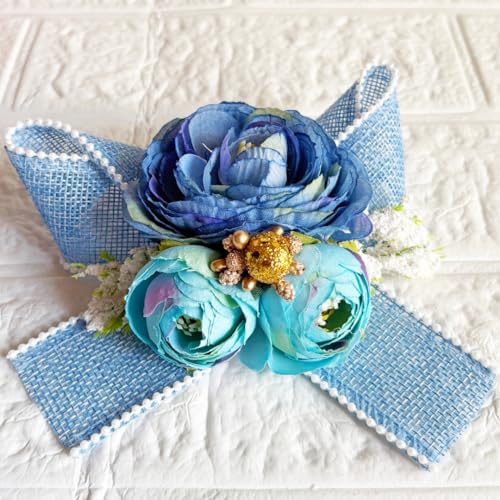 ADIKALA™ Handmade Artificial Big Peonies 3 Flower Bunch for Trousseau Packing, Ready to use Flower Brooch Hamper for Decoration, Gift Wrapping Flowers (3, Blue Jute) - Image 3