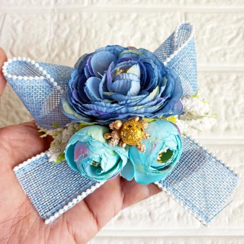 ADIKALA™ Handmade Artificial Big Peonies 3 Flower Bunch for Trousseau Packing, Ready to use Flower Brooch Hamper for Decoration, Gift Wrapping Flowers (3, Blue Jute) - Image 1