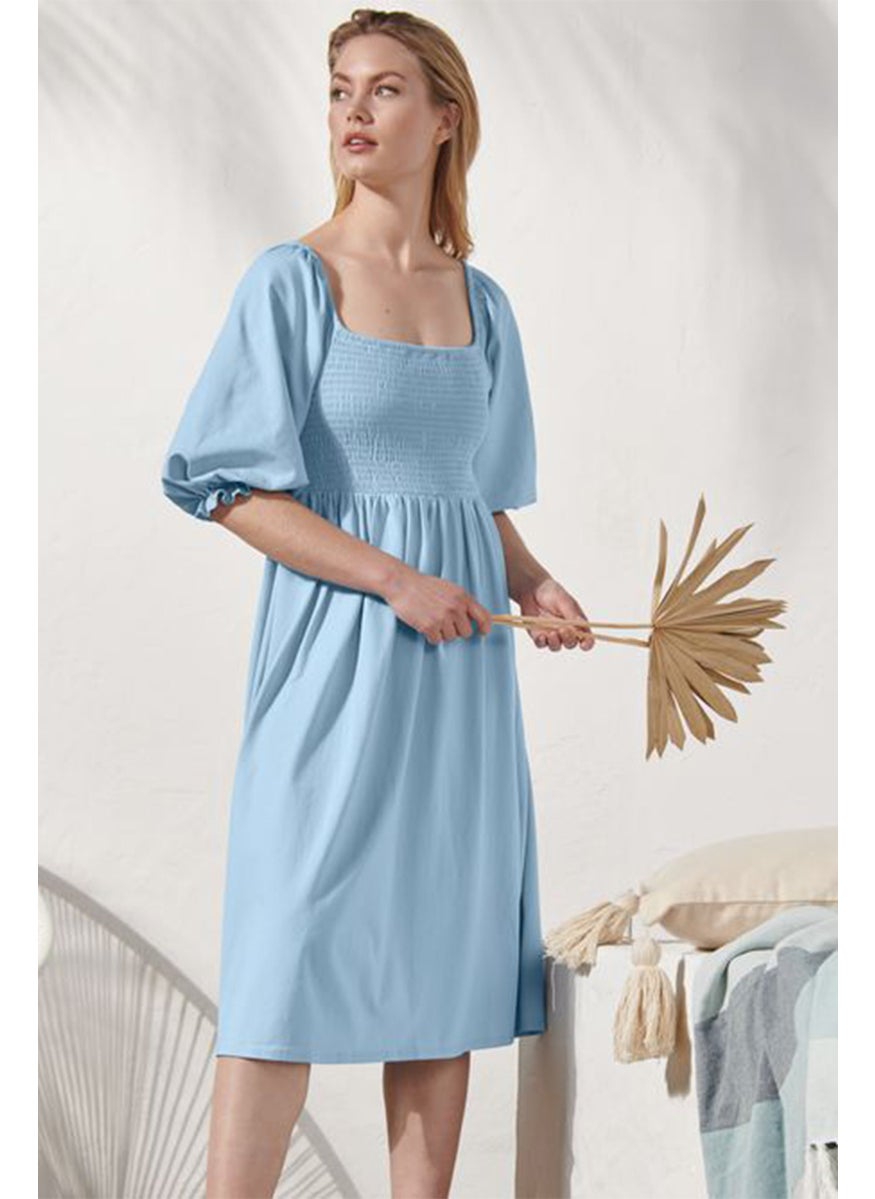 Women Shirred Midi Dress, Light Blue - pzsku/ZEC1C4E6E55B3E0725027Z/45/_/1724768826/8b2df9d8-f7d4-423a-801f-73231eb545d6