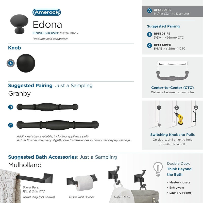 Amerock | Cabinet Knob | Matte Black | 1-1/4 inch (32 mm) Diameter | Edona | Drawer Knob | Cabinet Hardware (Pack of 1) - Image 4