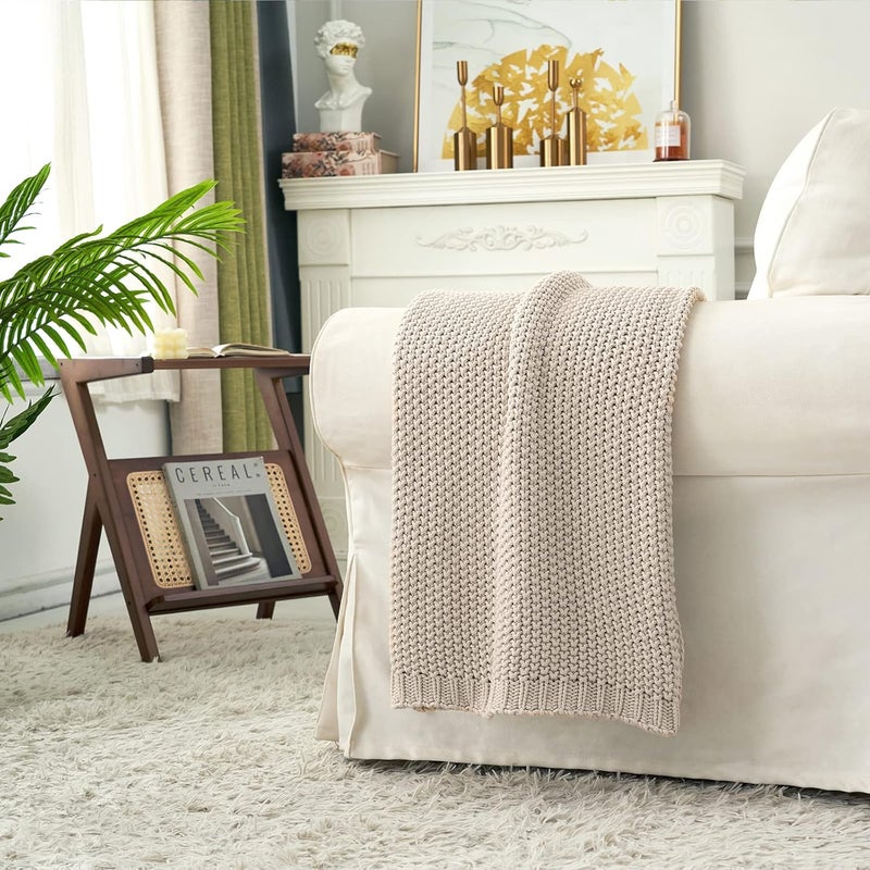 Longhui bedding لحاف منسوج بخيوط سميكة بلون بيج، خفيف الوزن، من مادة القطن العضوي بنسبة 100%، مناسب للأريكة أو سرير الأطفال أو غرفة الرضع، يتناسب مع الطراز الريفي الأنيق والعصري، مقاس 51” × 63”， مع كيس للغسيل مرفق. - Image 2