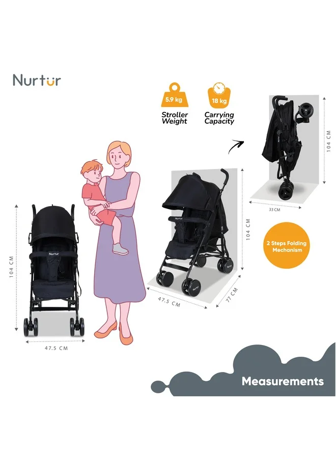 Nurtur Archer Baby/Kids Lightweight Travel Stroller 0 36 Months, Storage Basket, Detachable Bumper, 5 Point Safety Harness, Compact Design, Black