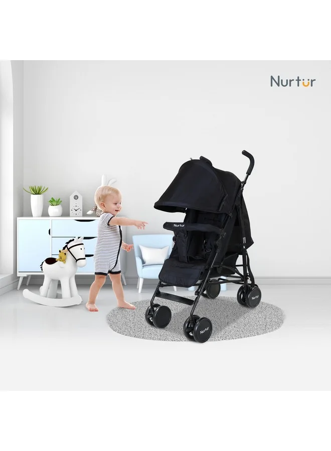 Nurtur Archer Baby/Kids Lightweight Travel Stroller 0 36 Months, Storage Basket, Detachable Bumper, 5 Point Safety Harness, Compact Design, Black