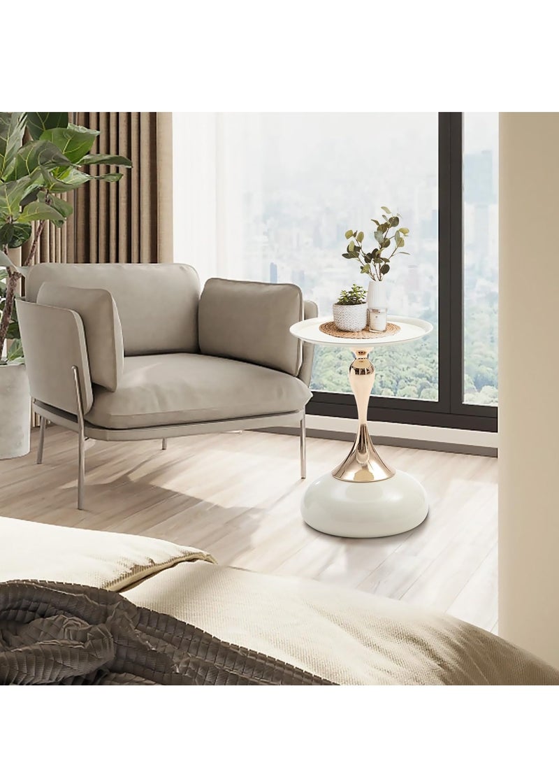 Pedestal Side Table for Small Spaces, Metal Round Unique End Tables Living Room Modern Corner Accent Table, Unique Nightstand Accent Tables, for Couch, Sofa, Recliner, White