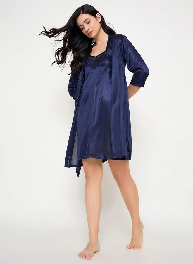 Clovia Satin Lace Insert Strappy Slip Dress with Night Robe by Styli