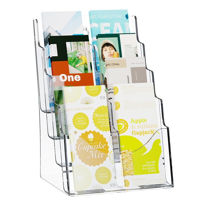 VEVOR Acrylic Brochure Holder 8.5 x 11 inch, 4-Tier Clear Acrylic Literature Display Stand, Plastic Literature Organizer Flyer Stand & Removable Divider for Office Exhibition, Countertop or Wall Mount - Image 1